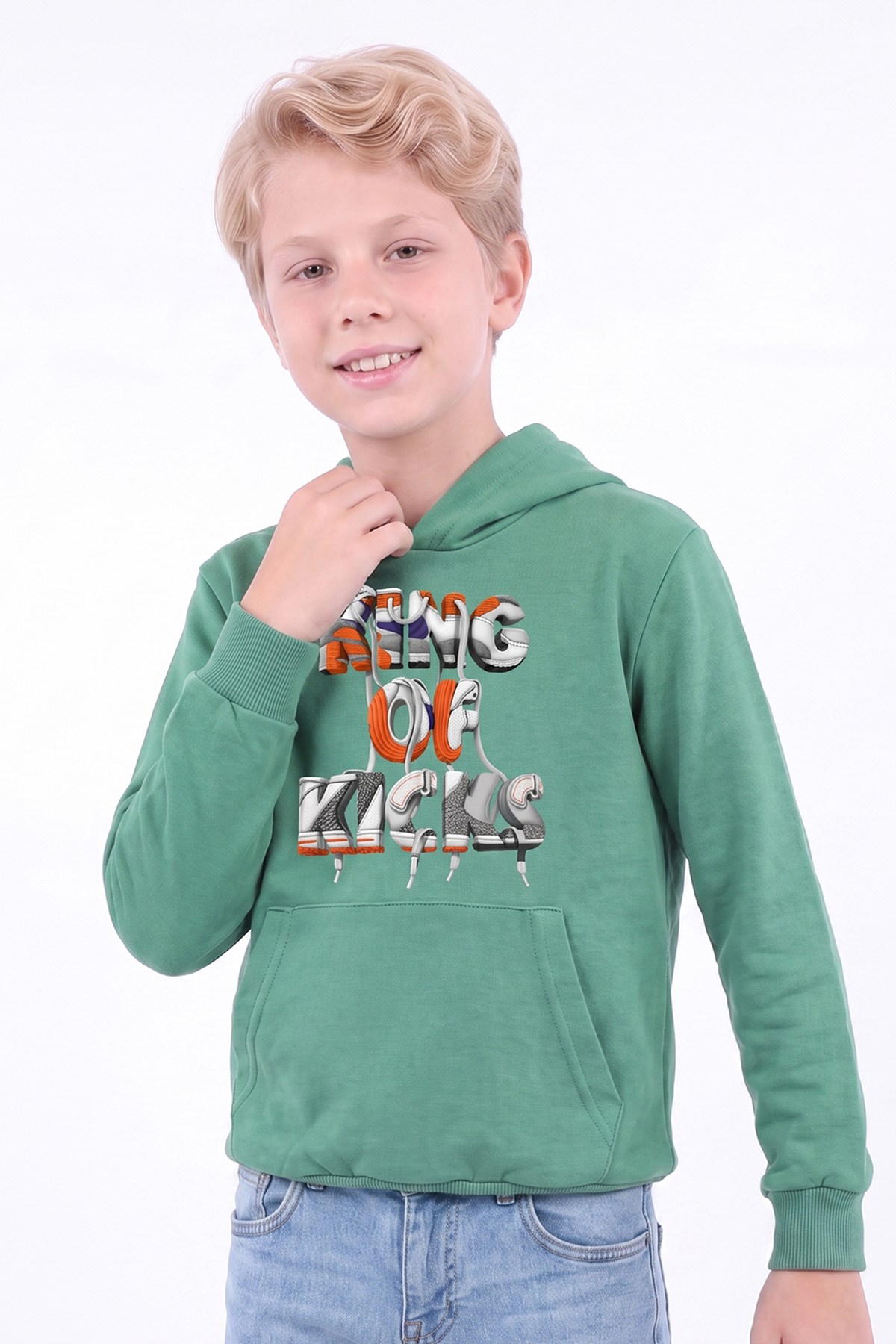 Erkek Çocuk Baskılı Kanguru Cepli Uzun Kollu Kapüşonlu Sweatshirt