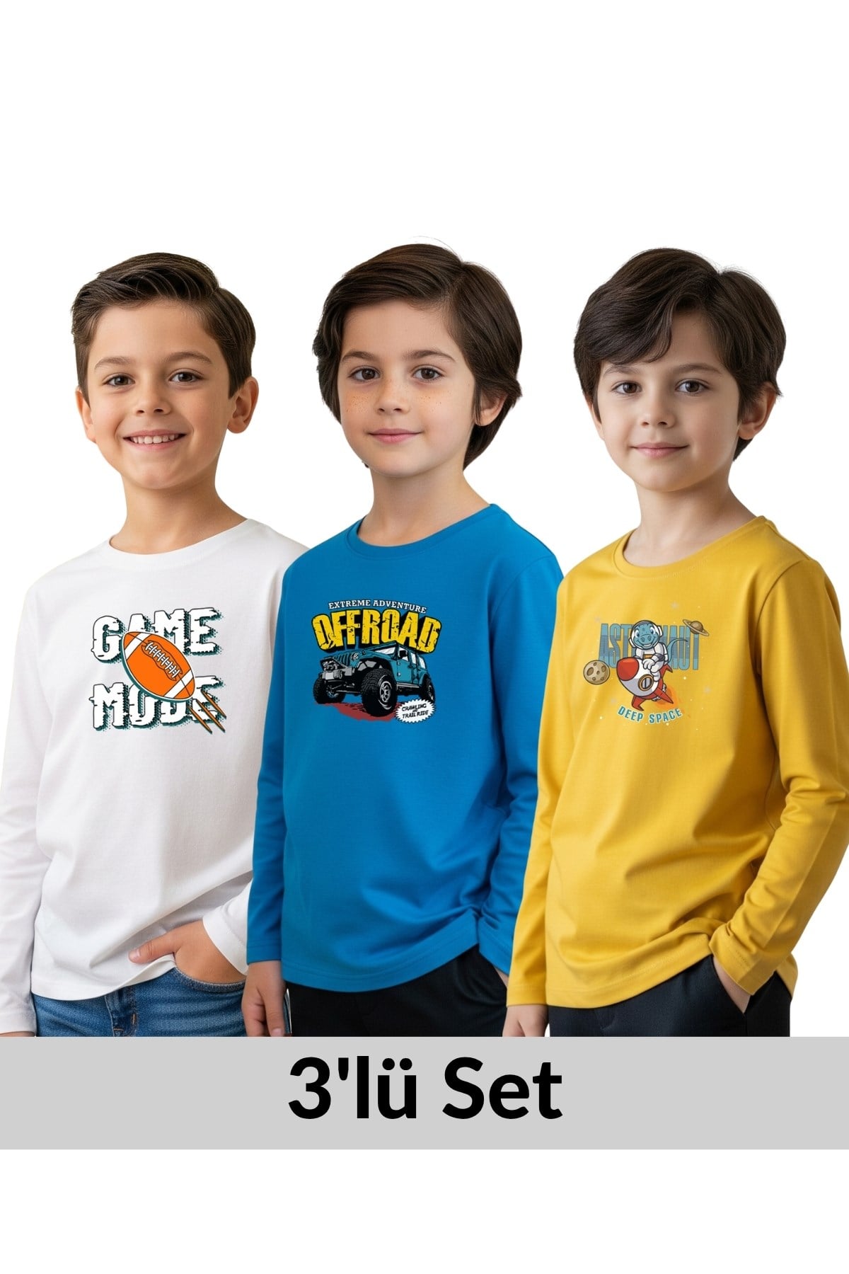 ERKEK ÇOCUK BİSİKLET YAKA BASKI DETAYLI 3'LÜ BASİC SWEATSHİRT