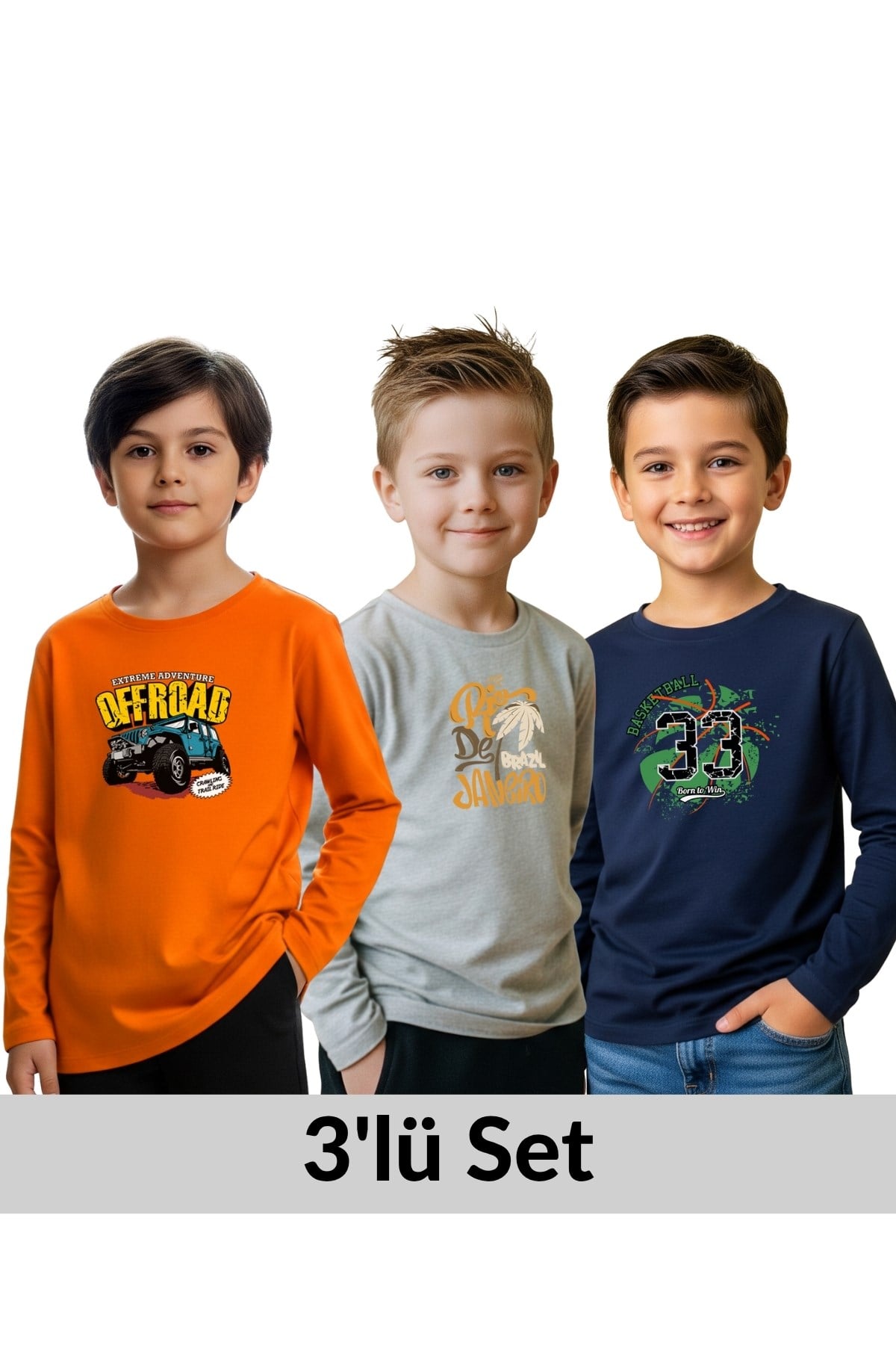 ERKEK ÇOCUK BİSİKLET YAKA BASKI DETAYLI 3'LÜ BASİC SWEATSHİRT