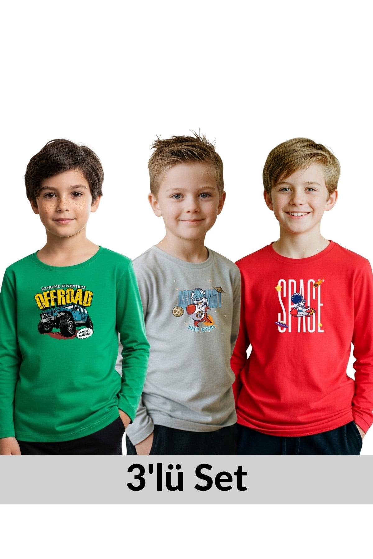 ERKEK ÇOCUK BİSİKLET YAKA BASKI DETAYLI 3'LÜ BASİC SWEATSHİRT