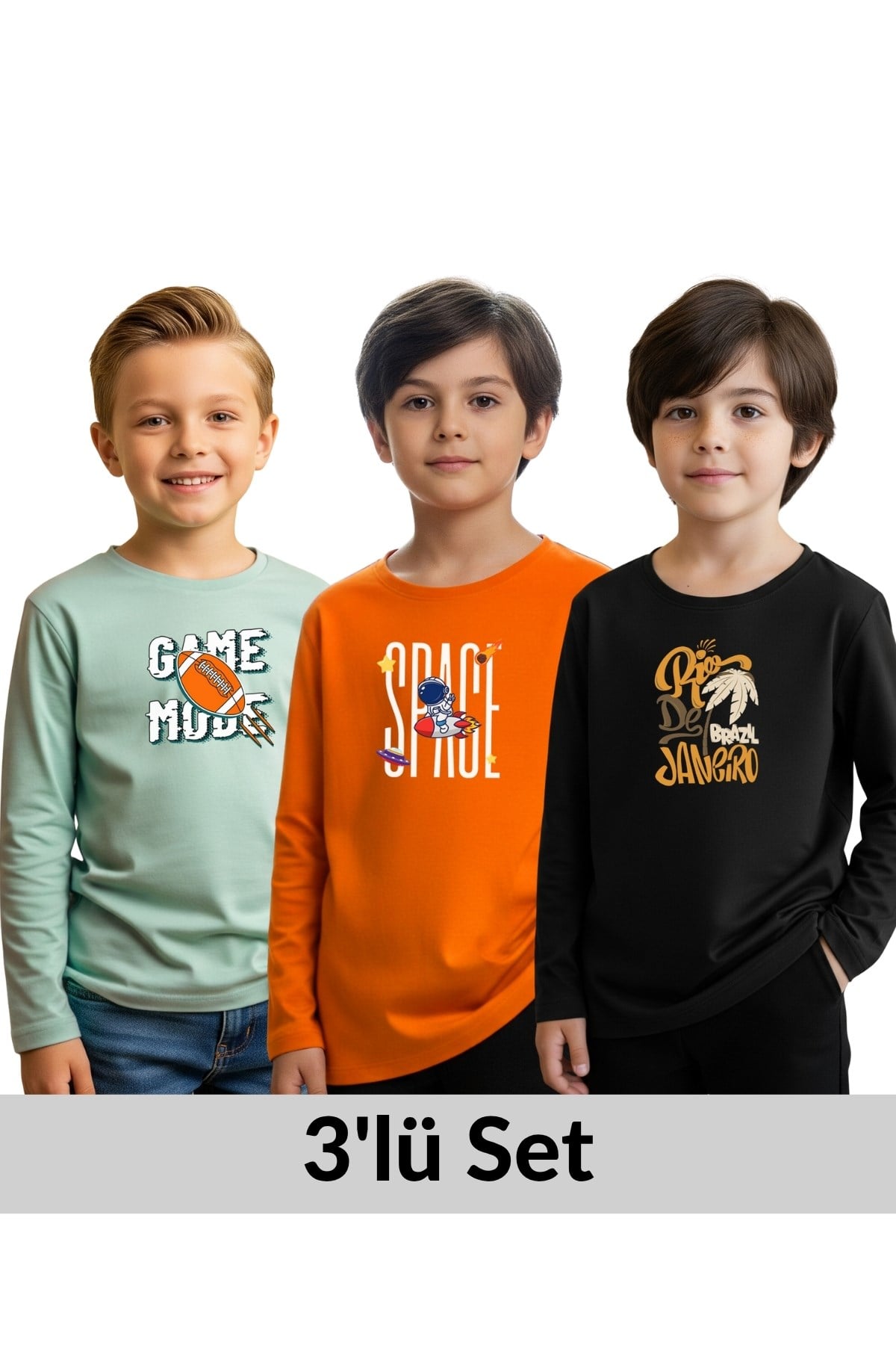 ERKEK ÇOCUK BİSİKLET YAKA BASKI DETAYLI 3'LÜ BASİC SWEATSHİRT