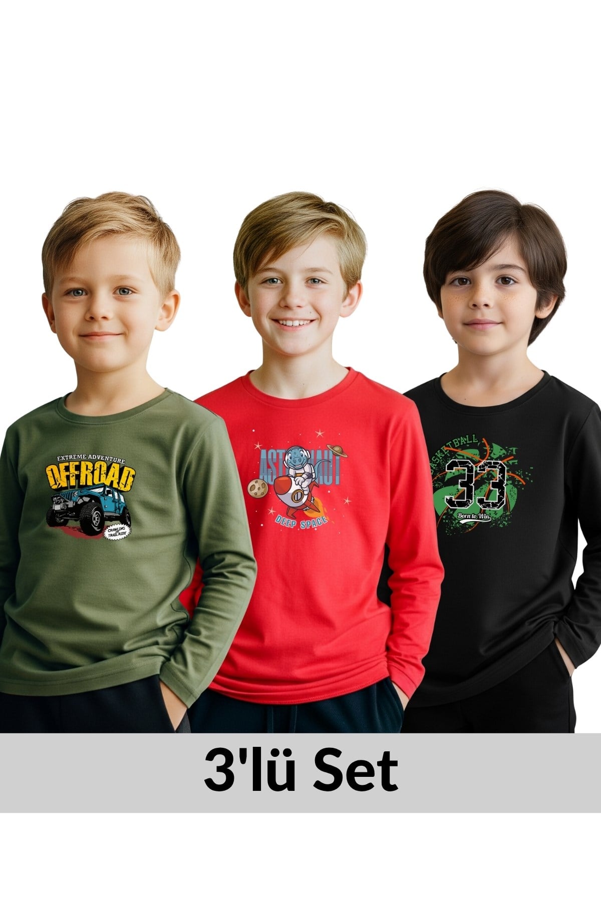 ERKEK ÇOCUK BİSİKLET YAKA BASKI DETAYLI 3'LÜ BASİC SWEATSHİRT