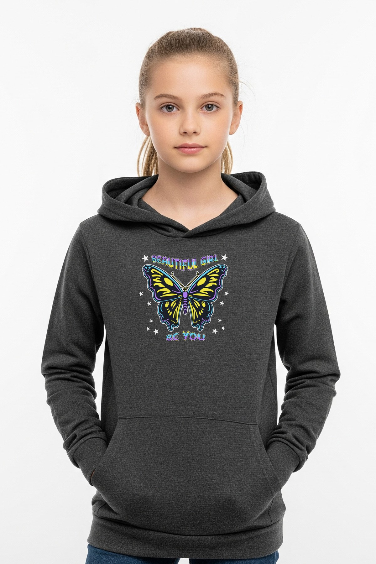 KANGURU CEPLİ KAPÜŞONLU KIZ ÇOCUK SWEATSHİRT GIRL BE YOU YAZI BASKILI