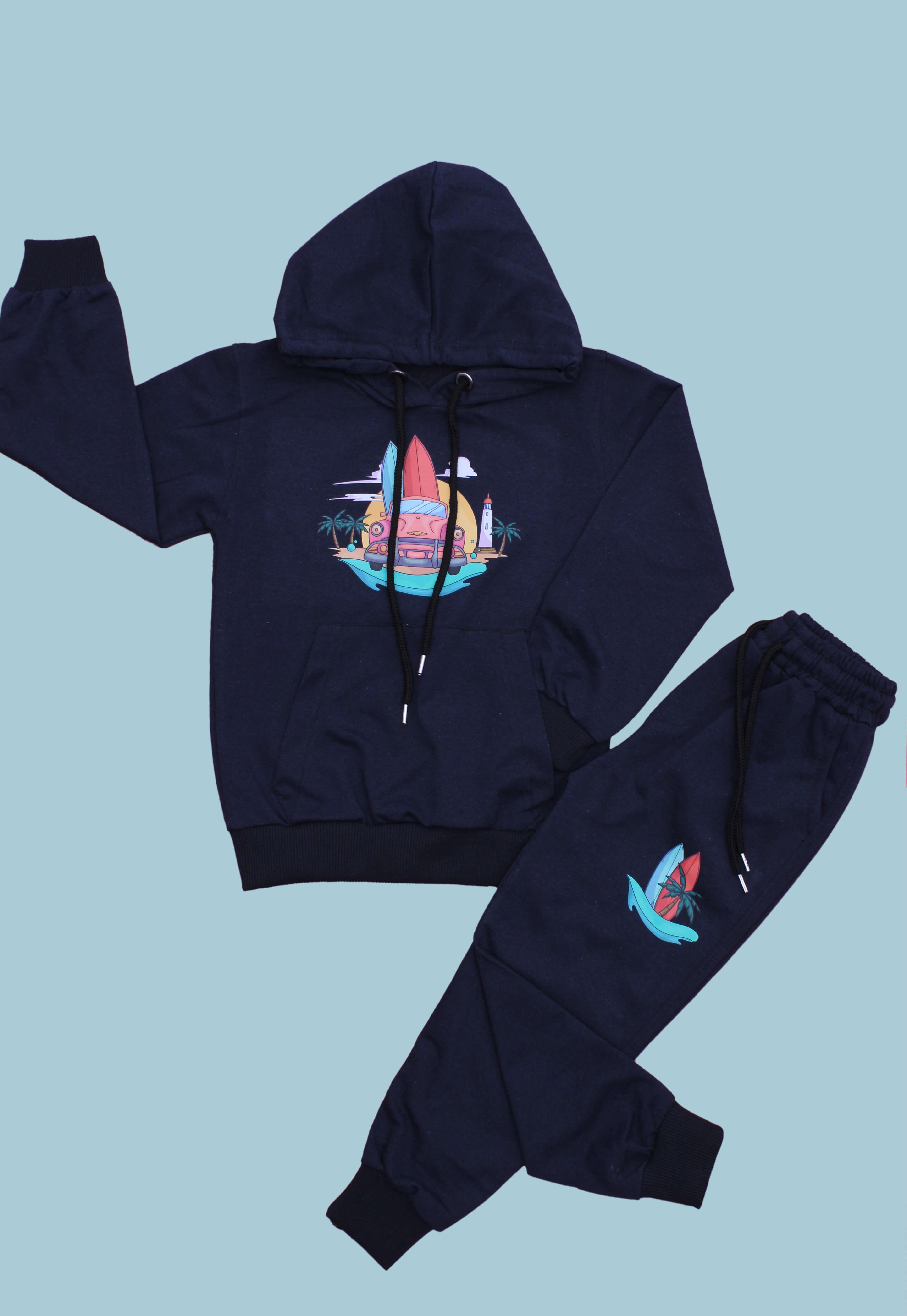 KAPÜŞONLU KANGURU CEPLİ BASKI DETAYLI ERKEK ÇOCUK EŞOFMAN TAKIMI 2 İPLİK