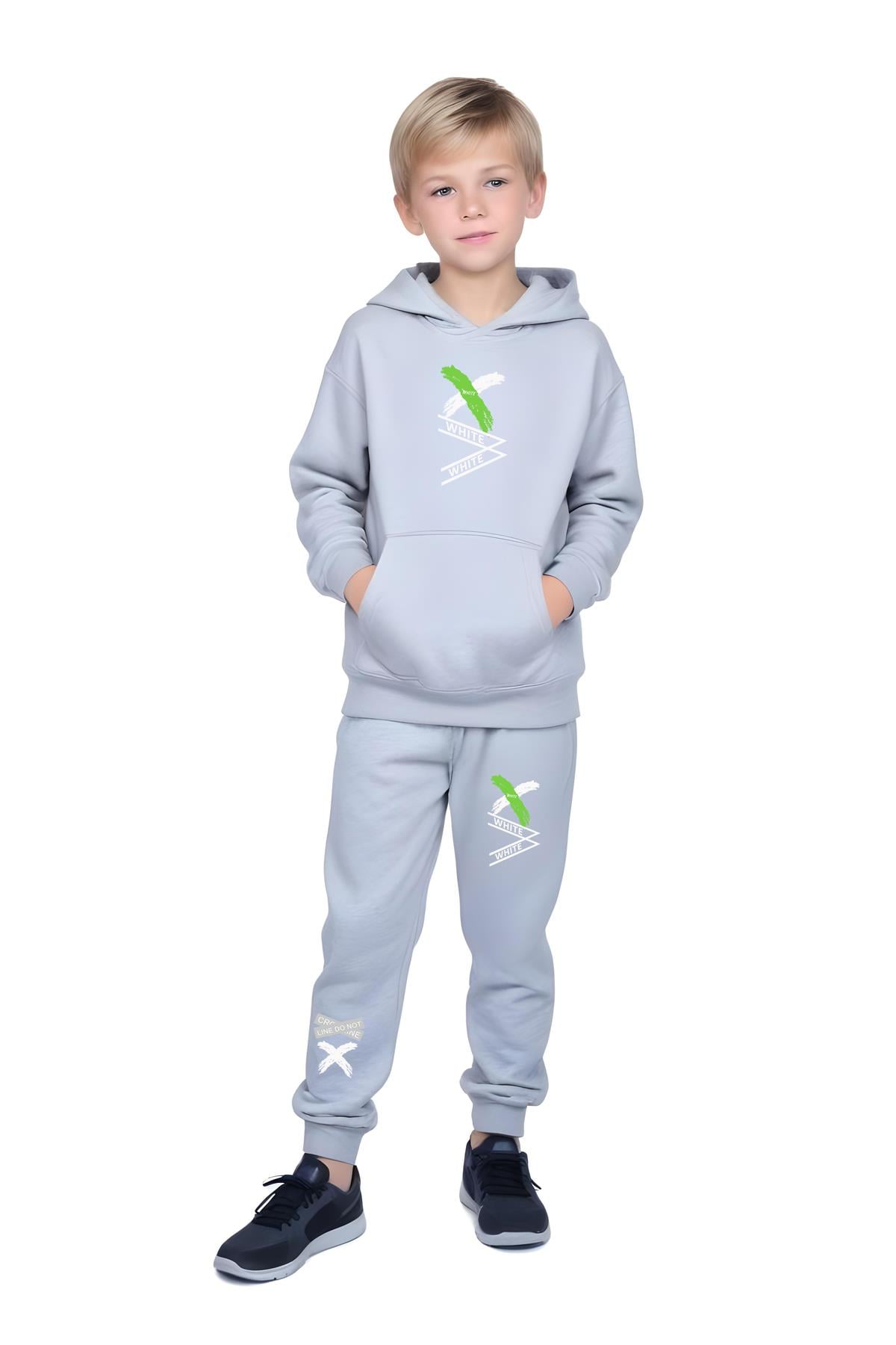KAPÜŞONLU KANGURU CEPLİ WHİTE YAZI BASKILI ERKEK ÇOCUK EŞOFMAN TAKIMI