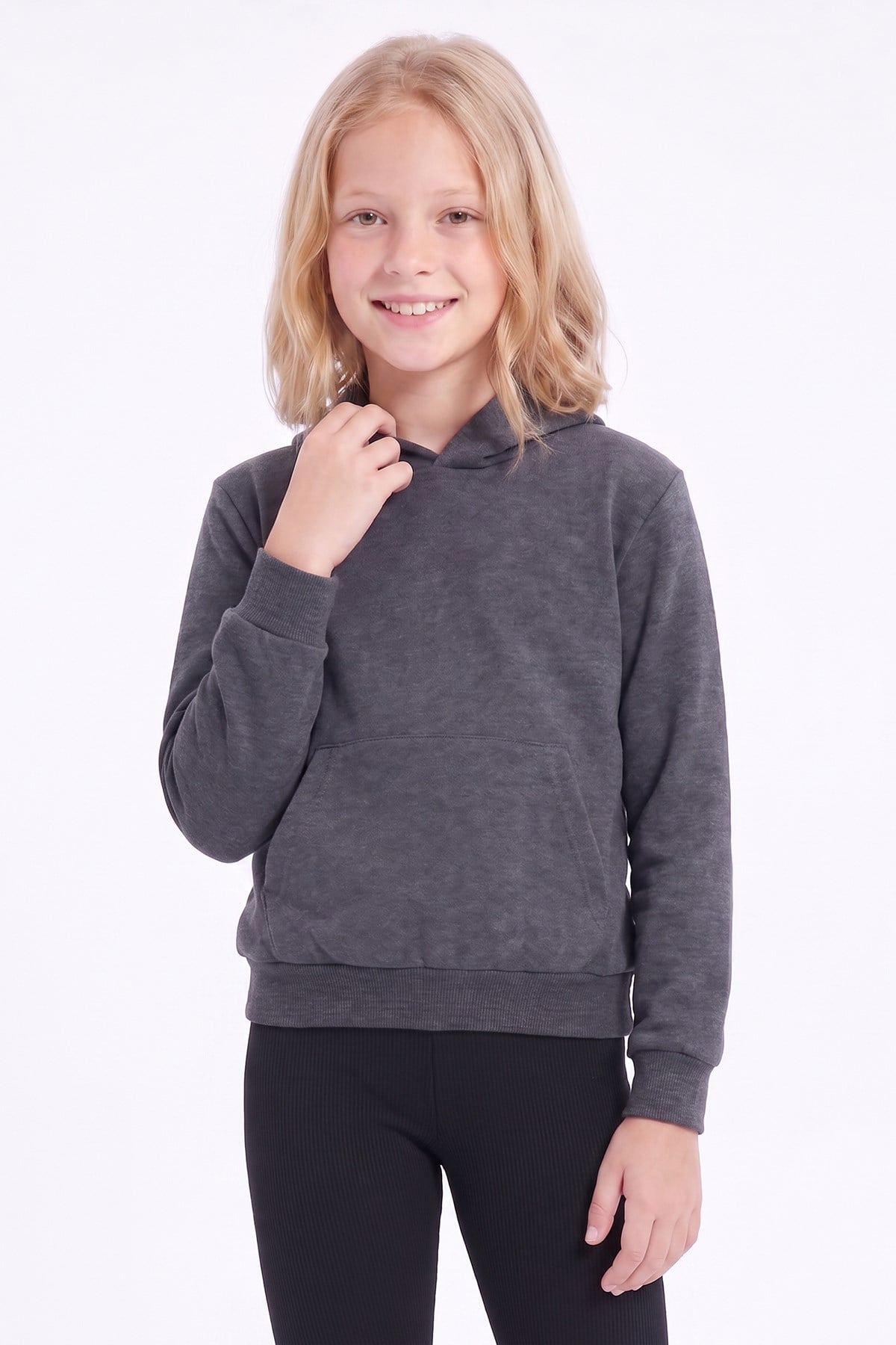 Kız Çocuk Basic Düz Kanguru Cepli Kapüşonlu Sweatshirt
