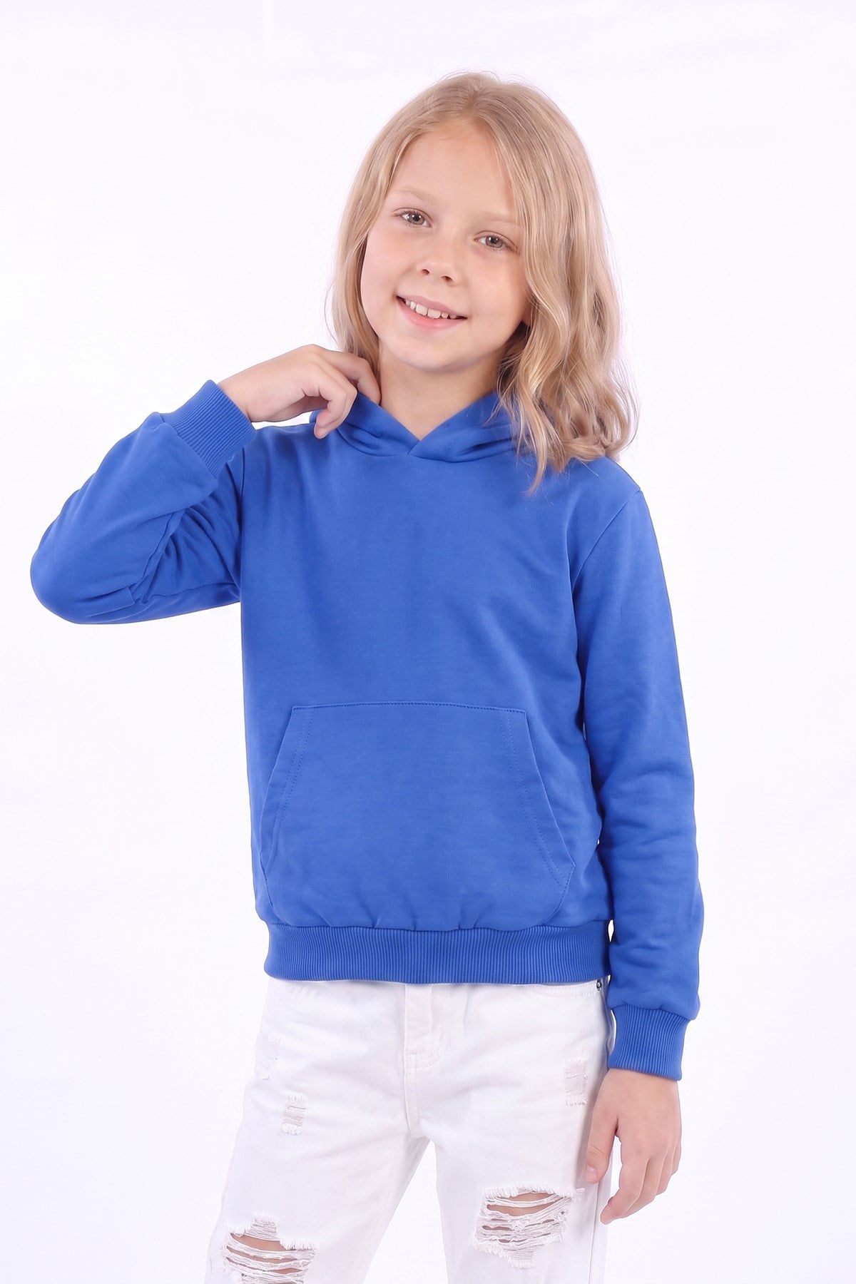 Kız Çocuk Basic Düz Kanguru Cepli Kapüşonlu Sweatshirt