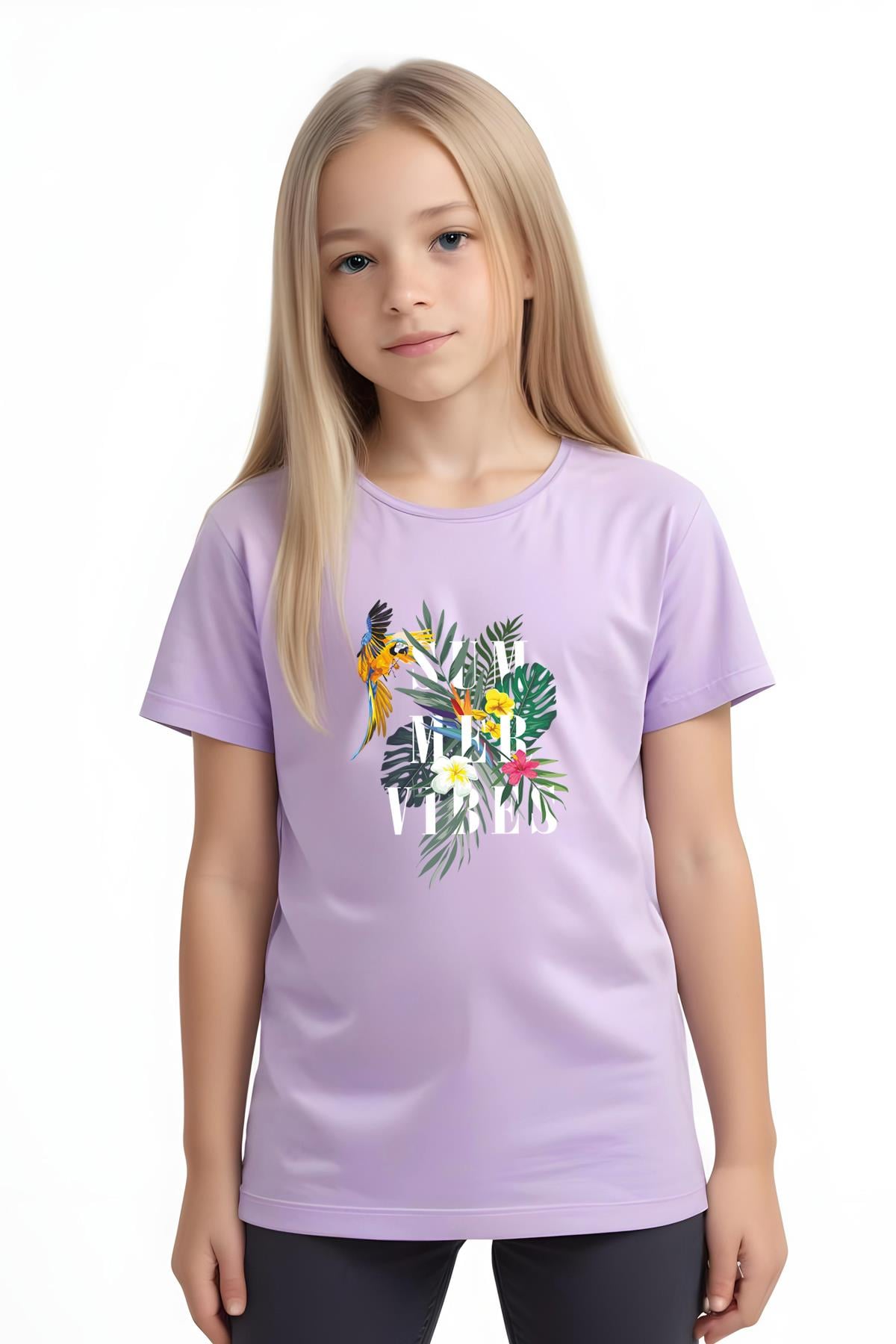 KIZ ÇOCUK BASİC SUMMER PAPAĞAN BASKILI T-SHİRT