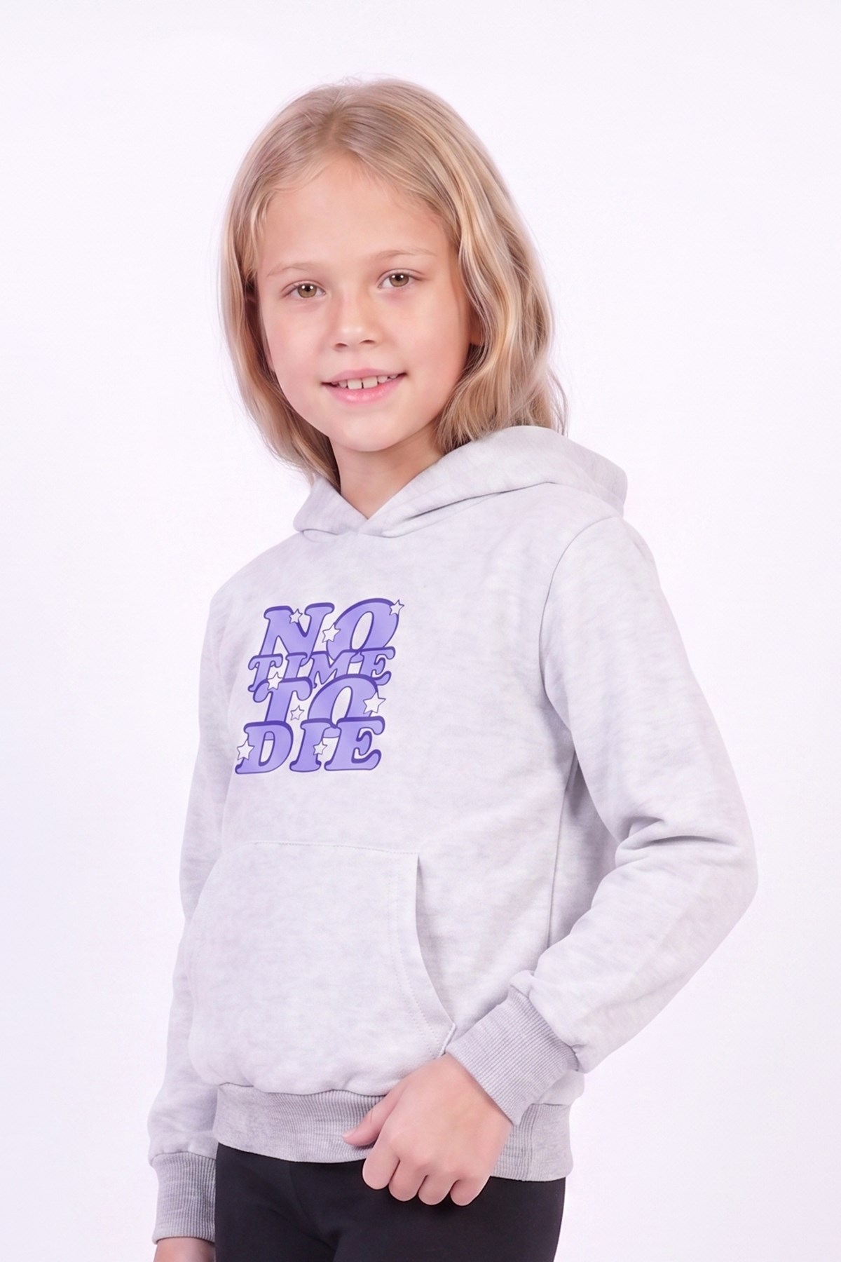 Kız Çocuk Baskılı Kanguru Cepli Uzun Kollu Kapüşonlu Sweatshirt