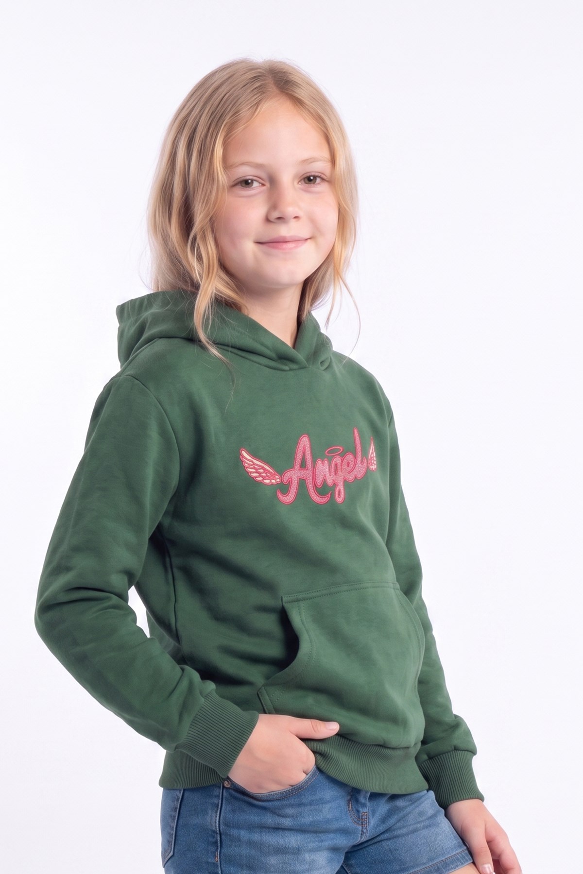 Kız Çocuk Baskılı Kanguru Cepli Uzun Kollu Kapüşonlu Sweatshirt
