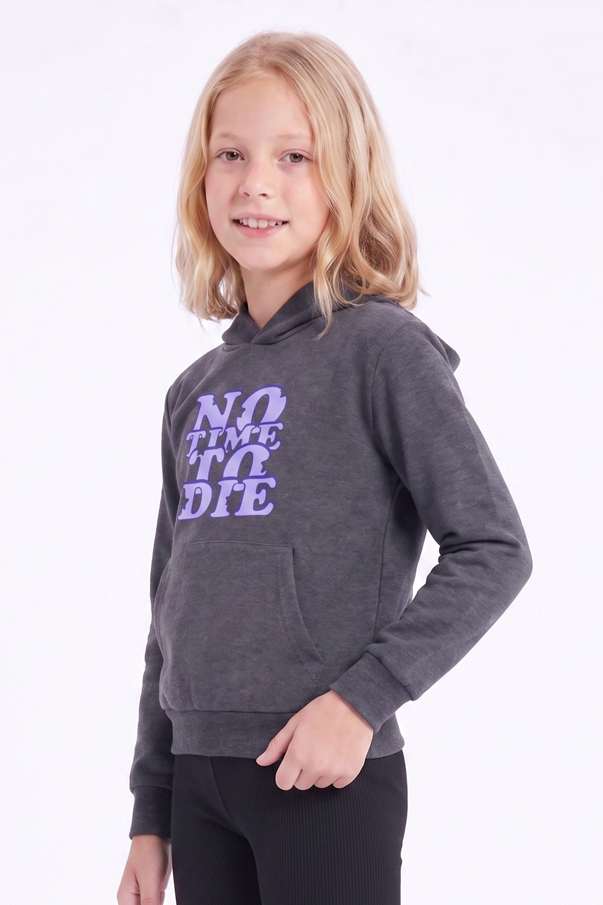 Kız Çocuk Baskılı Kanguru Cepli Uzun Kollu Kapüşonlu Sweatshirt