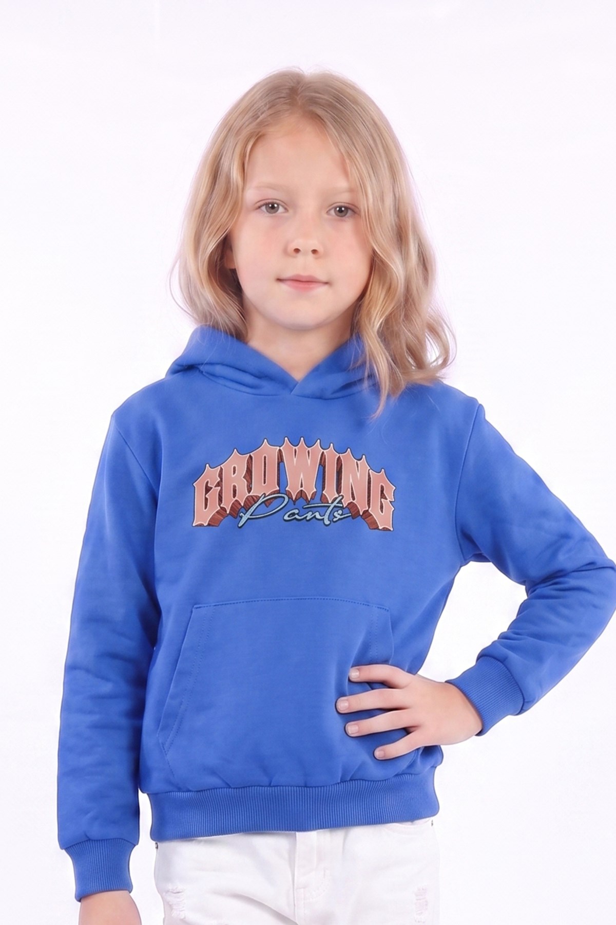 Kız Çocuk Baskılı Kanguru Cepli Uzun Kollu Kapüşonlu Sweatshirt