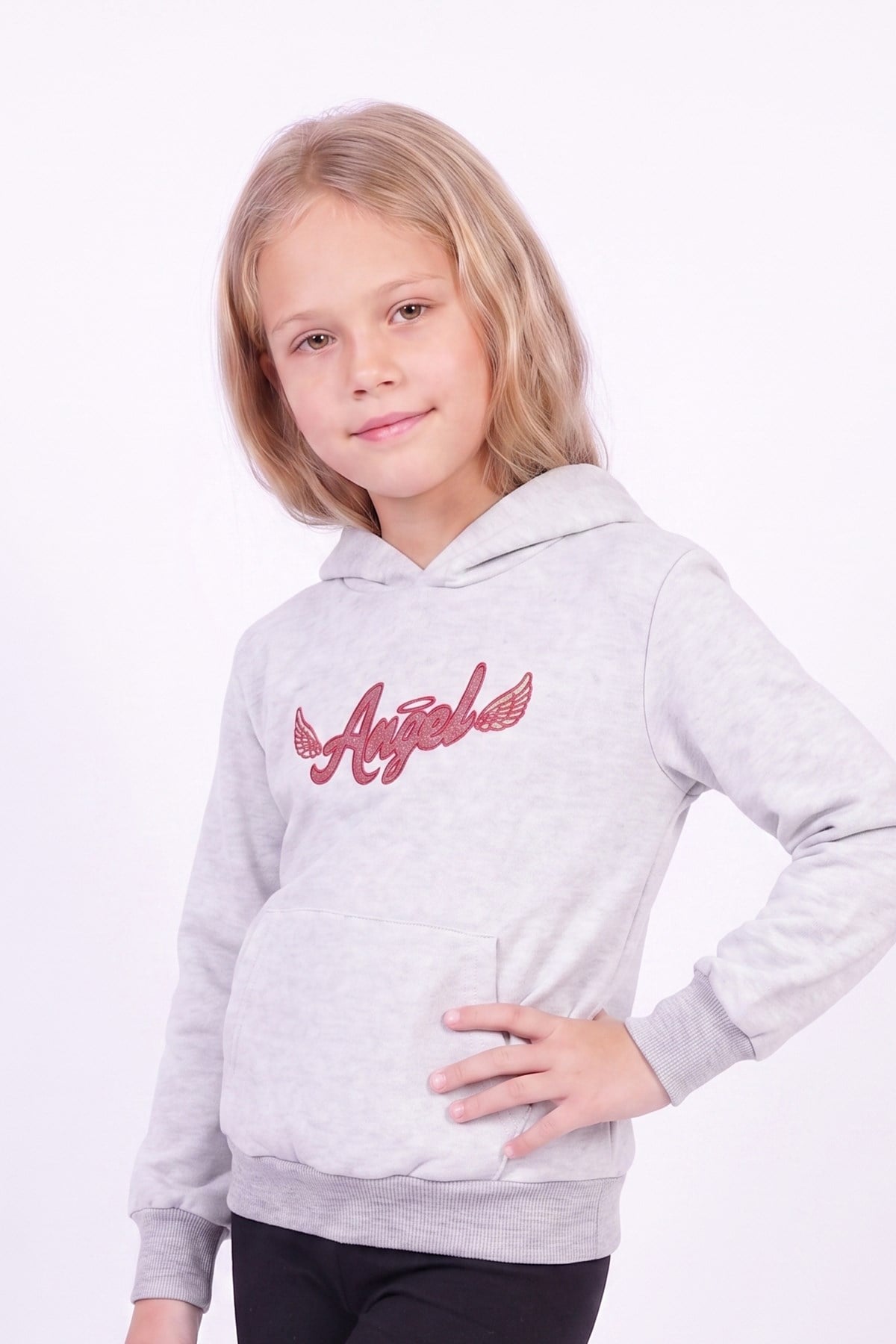 Kız Çocuk Baskılı Kanguru Cepli Uzun Kollu Kapüşonlu Sweatshirt