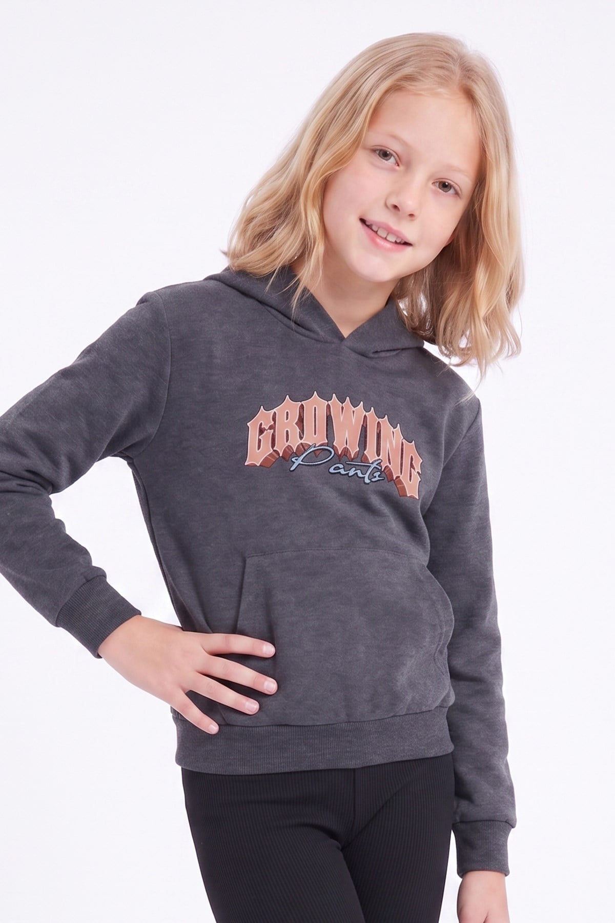 Kız Çocuk Baskılı Kanguru Cepli Uzun Kollu Kapüşonlu Sweatshirt
