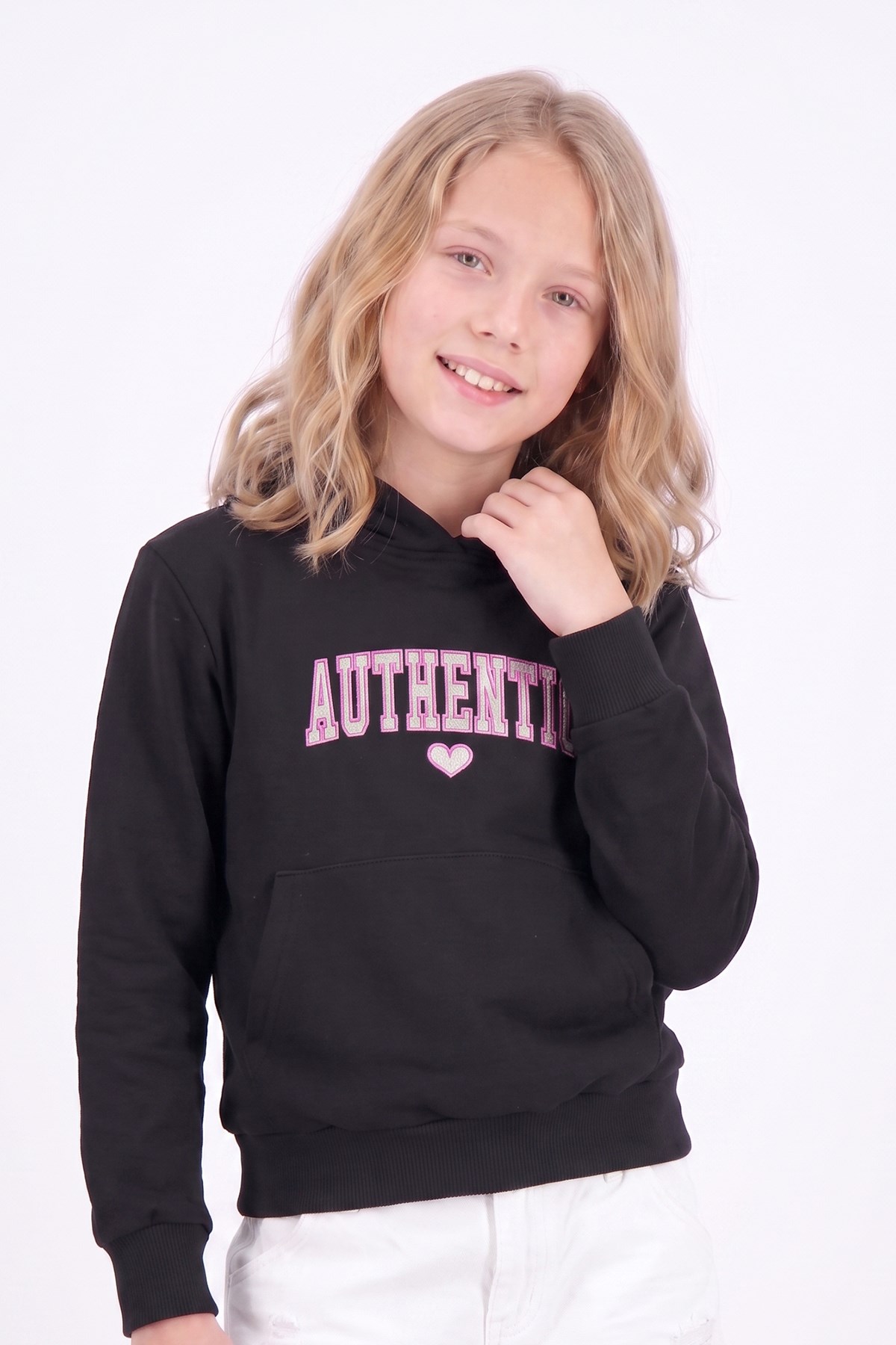 Kız Çocuk Baskılı Kanguru Cepli Uzun Kollu Kapüşonlu Sweatshirt
