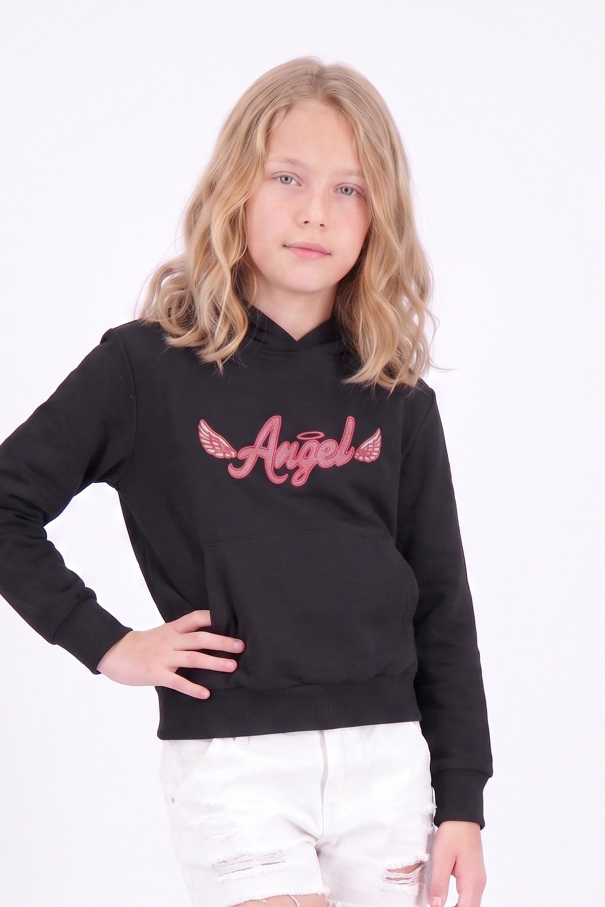 Kız Çocuk Baskılı Kanguru Cepli Uzun Kollu Kapüşonlu Sweatshirt