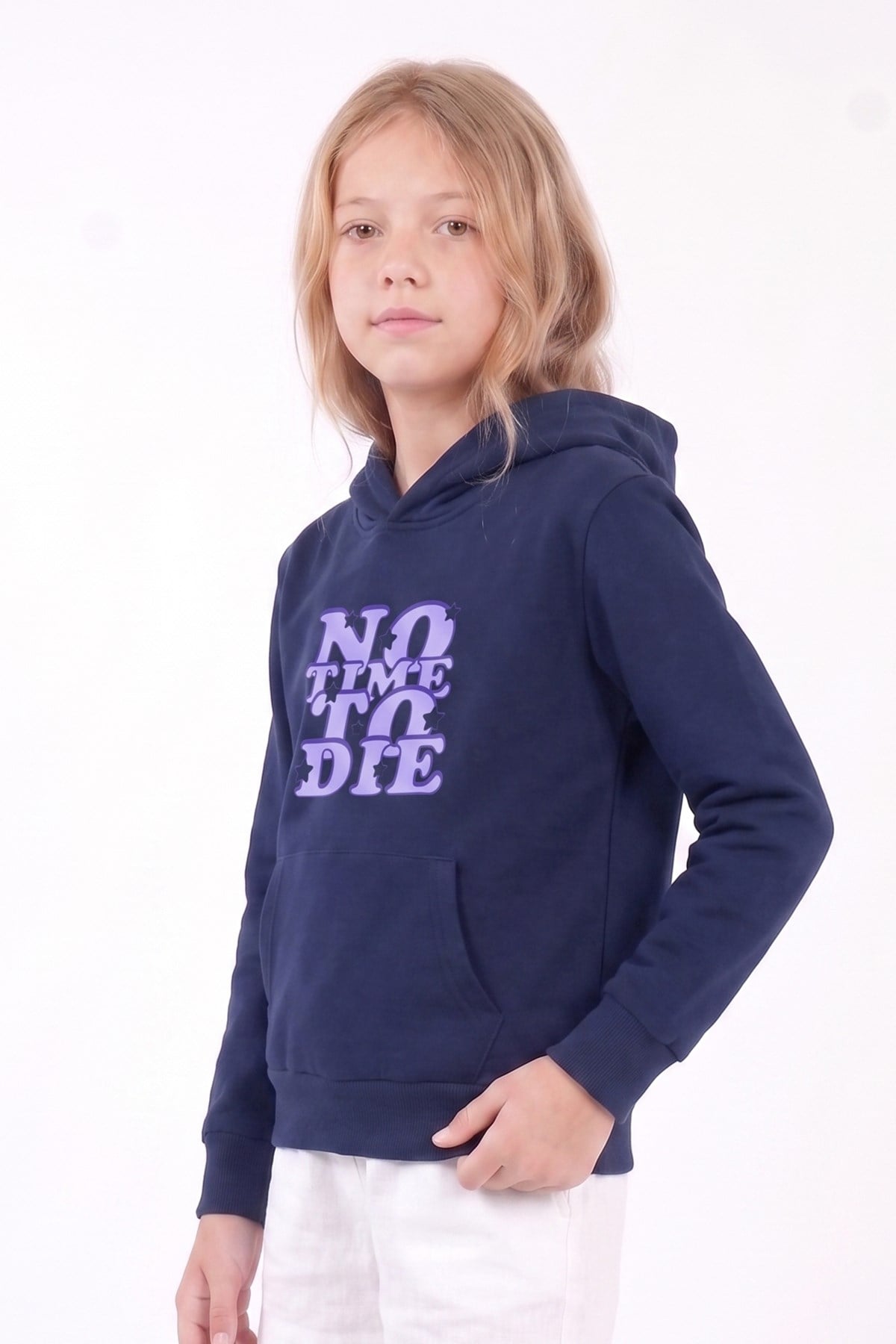 Kız Çocuk Baskılı Kanguru Cepli Uzun Kollu Kapüşonlu Sweatshirt