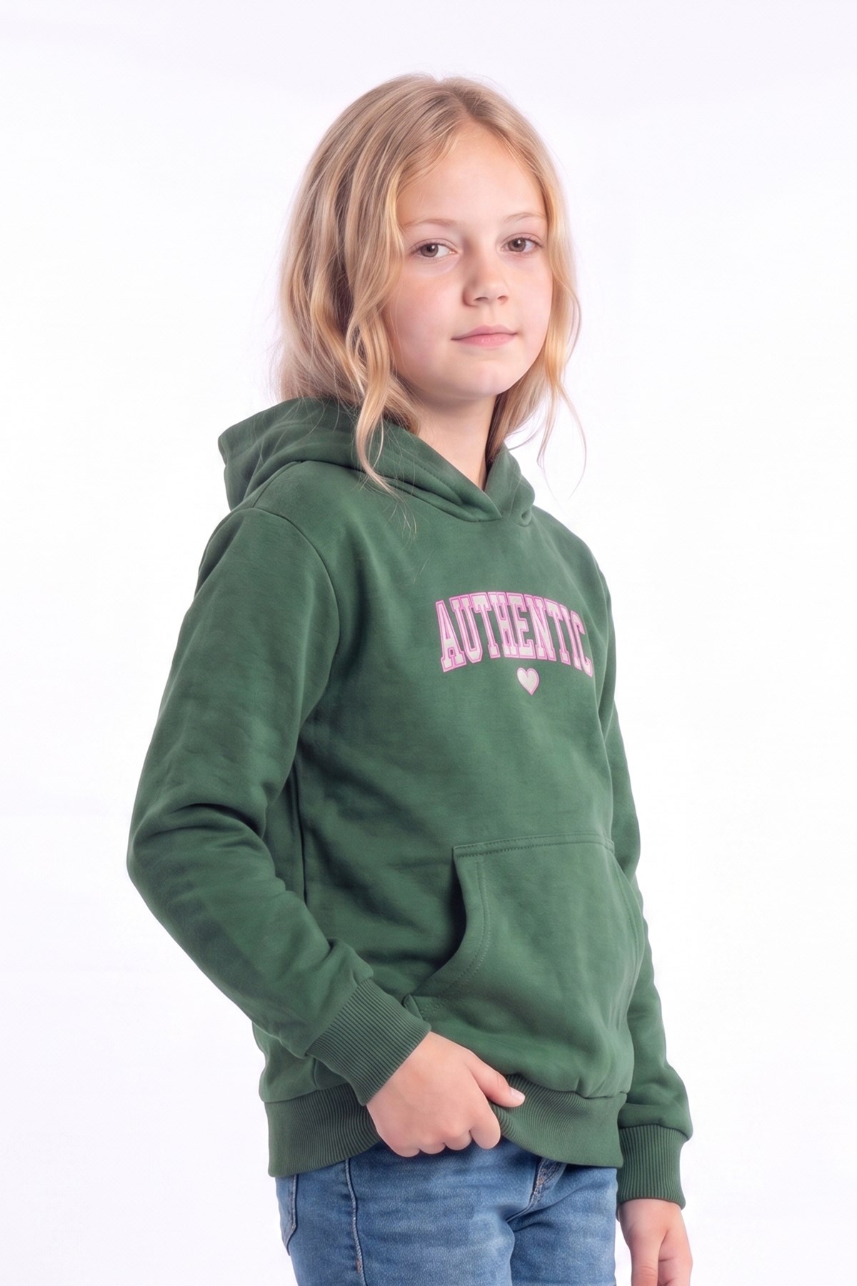 Kız Çocuk Baskılı Kanguru Cepli Uzun Kollu Kapüşonlu Sweatshirt