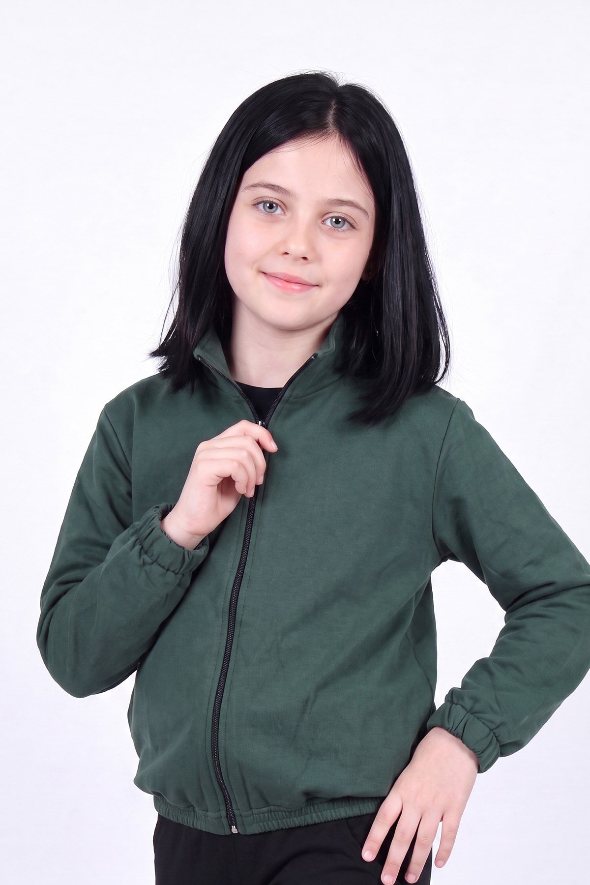 Kız Çocuk Dik Yaka Fermuarlı Basic Sweatshirt