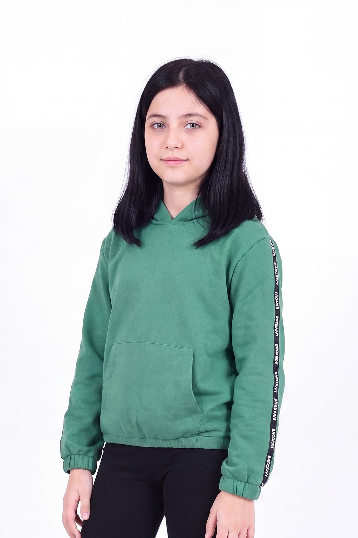 Kız Çocuk Kapüşonlu Kanguru Cepli Şerit Detaylı Sweatshirt