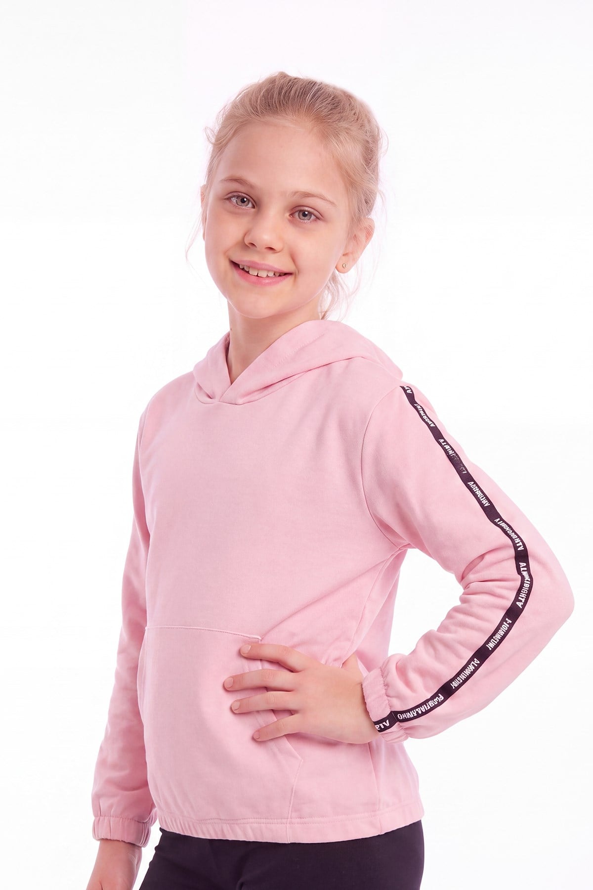 Kız Çocuk Kapüşonlu Kanguru Cepli Şerit Detaylı Sweatshirt