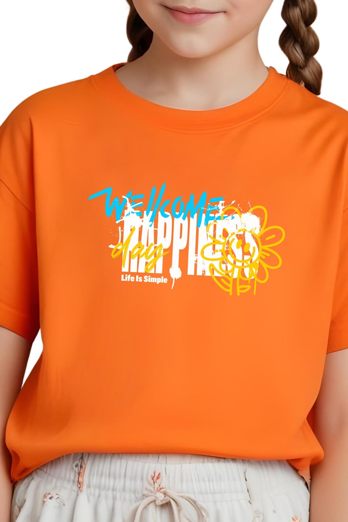 KIZ ÇOCUK WELLCOME HAPPİNES BASKILI TİŞÖRT