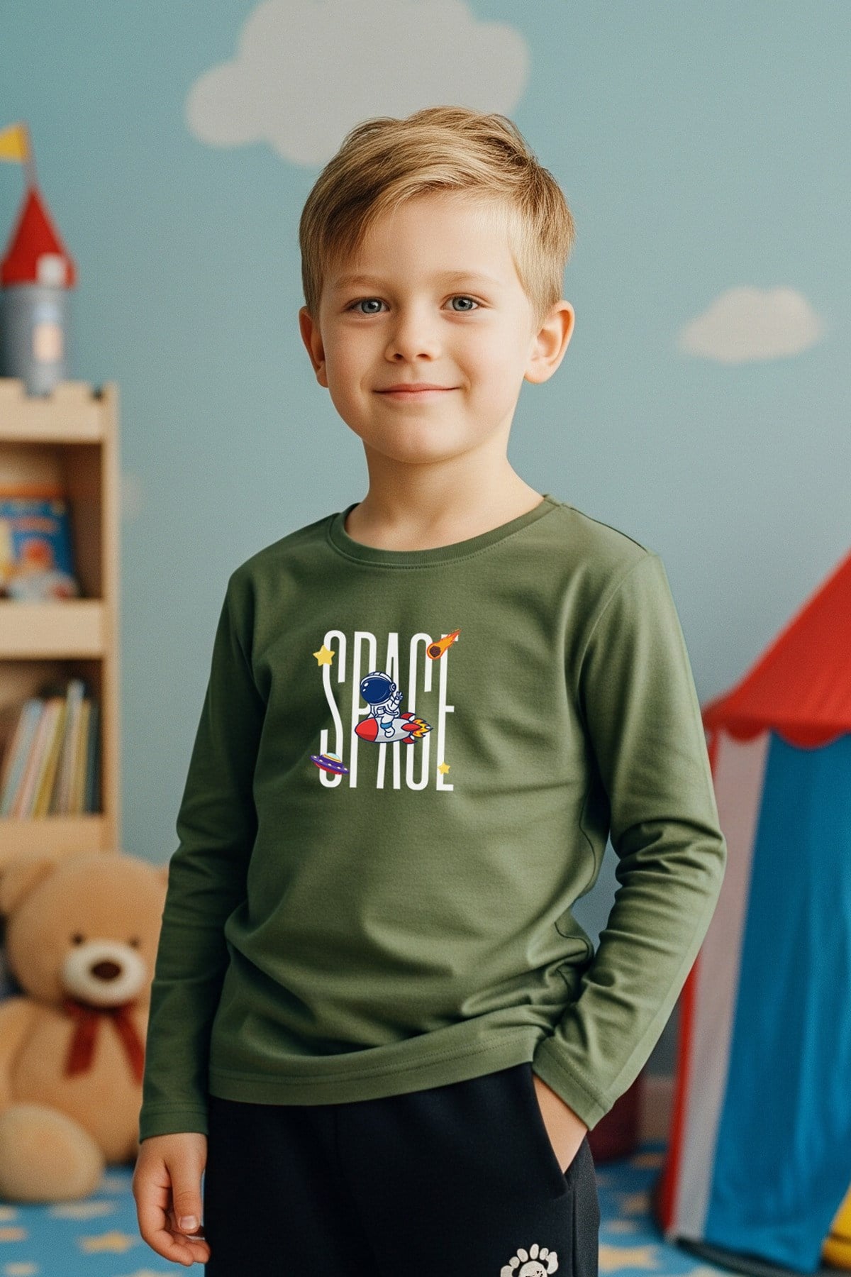 SIFIR YAKA SPACE BASKILI ERKEK ÇOCUK SWEATSHİRT