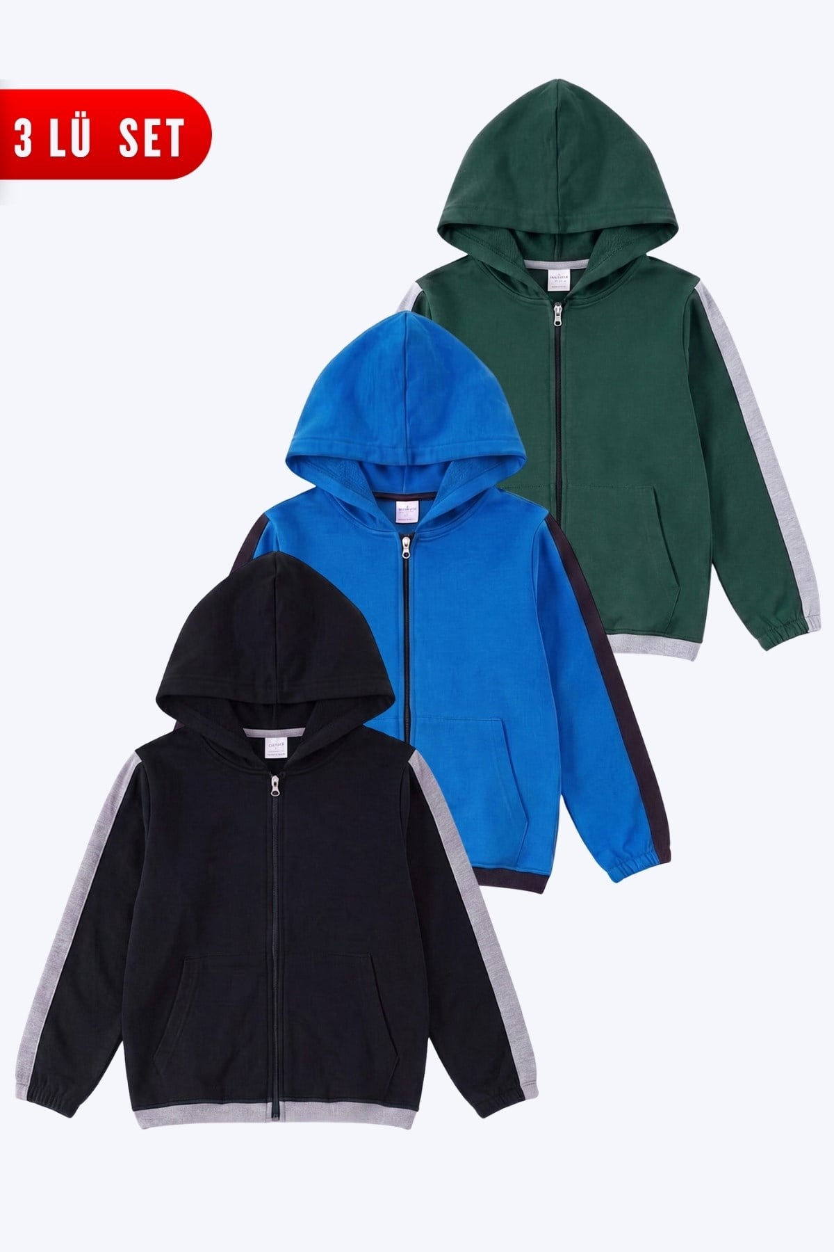 Unisex Çocuk 3'lü Şerit Detaylı Kapüşonlu Fermuarlı Sweatshirt Seti