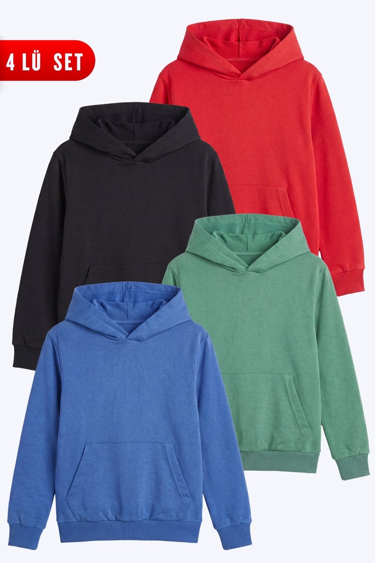 Unisex Çocuk 4'lü Basic Düz Kanguru Cepli Kapüşonlu Sweatshirt