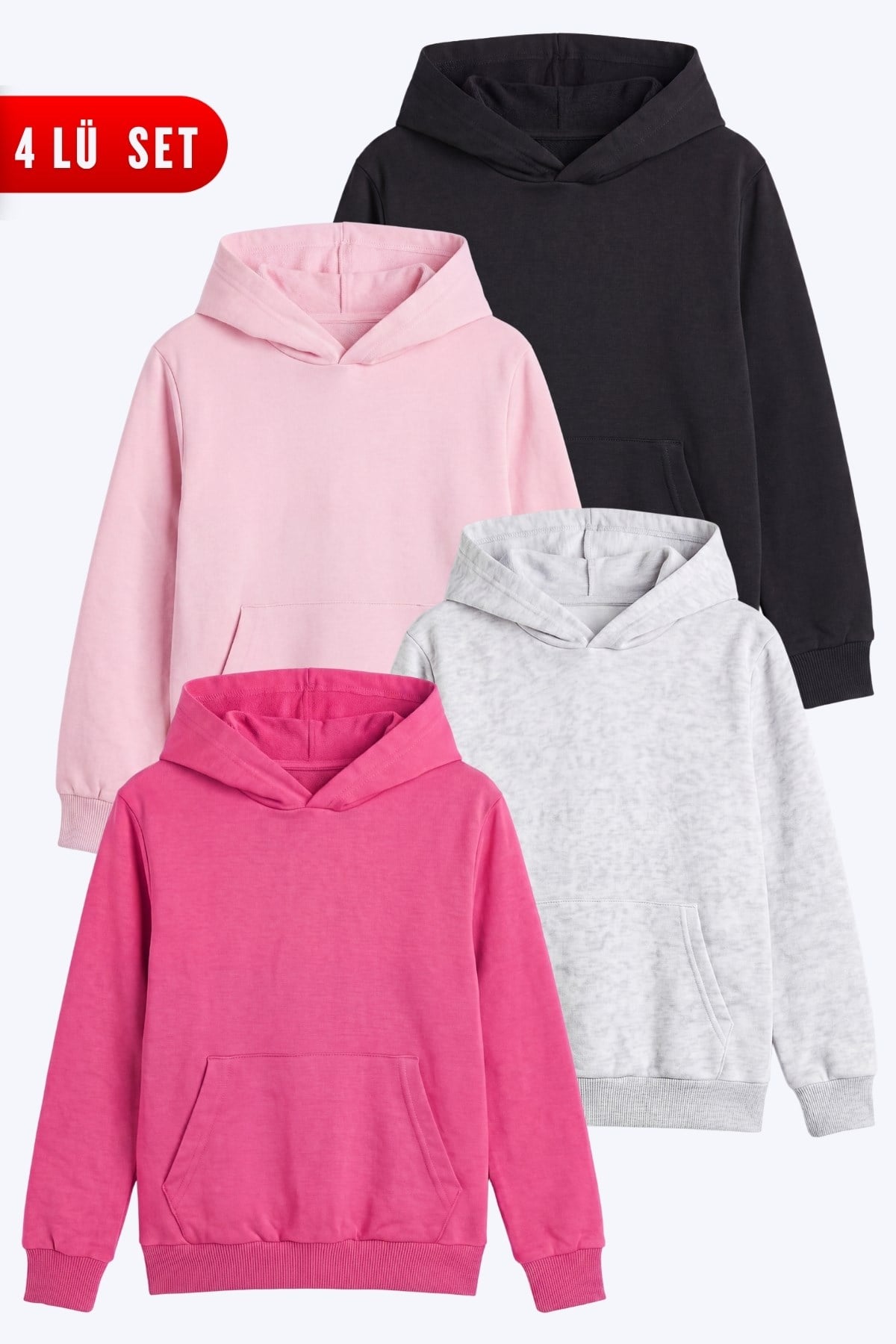 Unisex Çocuk 4'lü Basic Düz Kanguru Cepli Kapüşonlu Sweatshirt