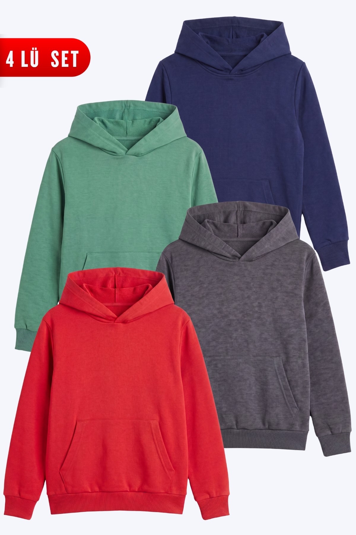 Unisex Çocuk 4'lü Basic Düz Kanguru Cepli Kapüşonlu Sweatshirt