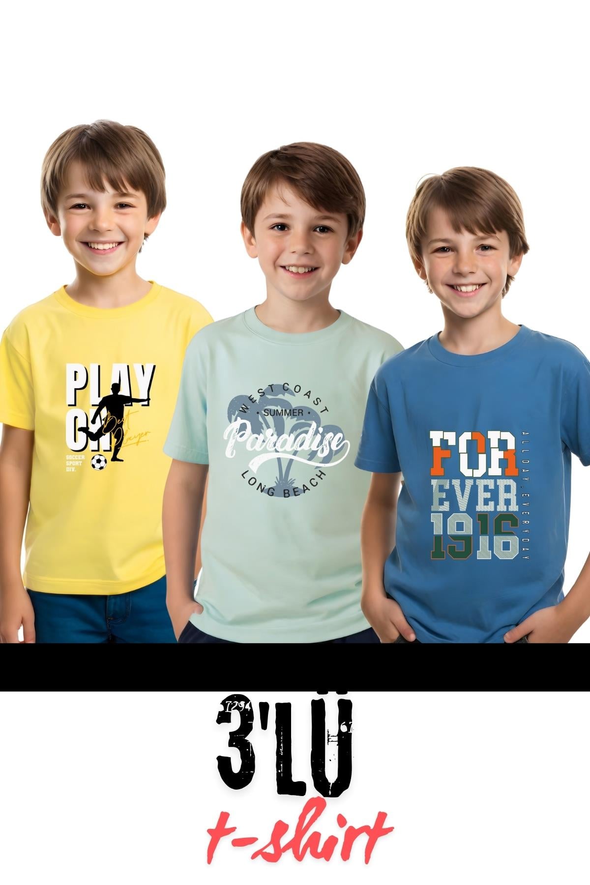 UNİSEXS 3lü ÇOCUK BASKILI BASİC KISA KOLLU T-SHİRT