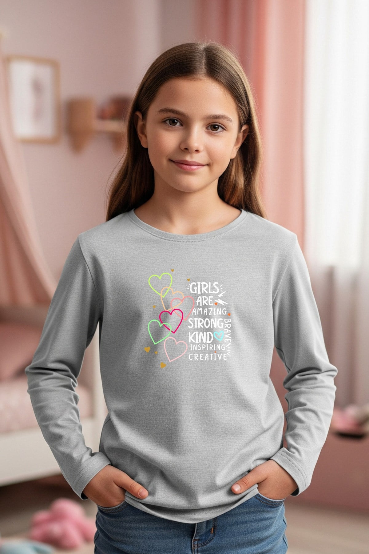 YUVARLAK YAKA GİRLS BASKI DETAYLI KIZ ÇOCUK SWEATSHİRT