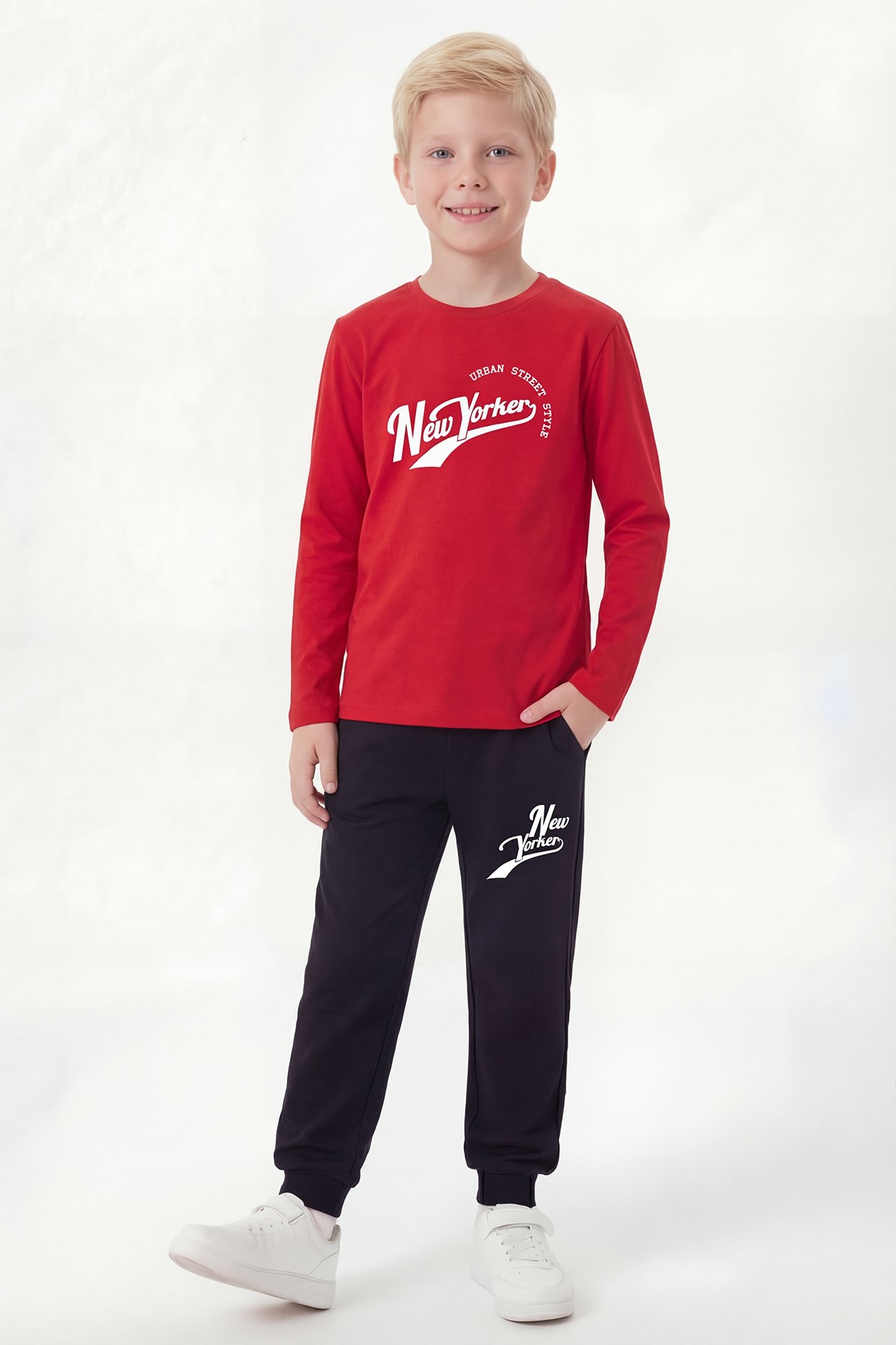 Yuvarlak Yaka Sweatshirt Paça Lastikli Eşofman Alt Baskılı Uzun Kollu Erkek Çocuk Alt Üst Takım