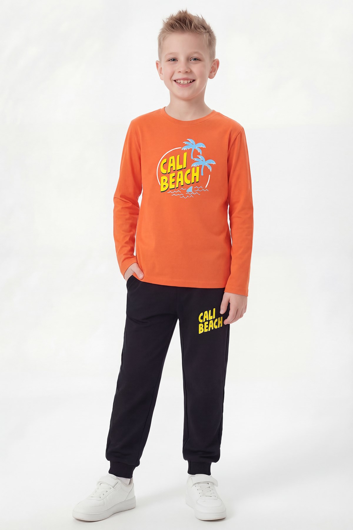 Yuvarlak Yaka Sweatshirt Paça Lastikli Eşofman Alt Baskılı Uzun Kollu Erkek Çocuk Alt Üst Takım