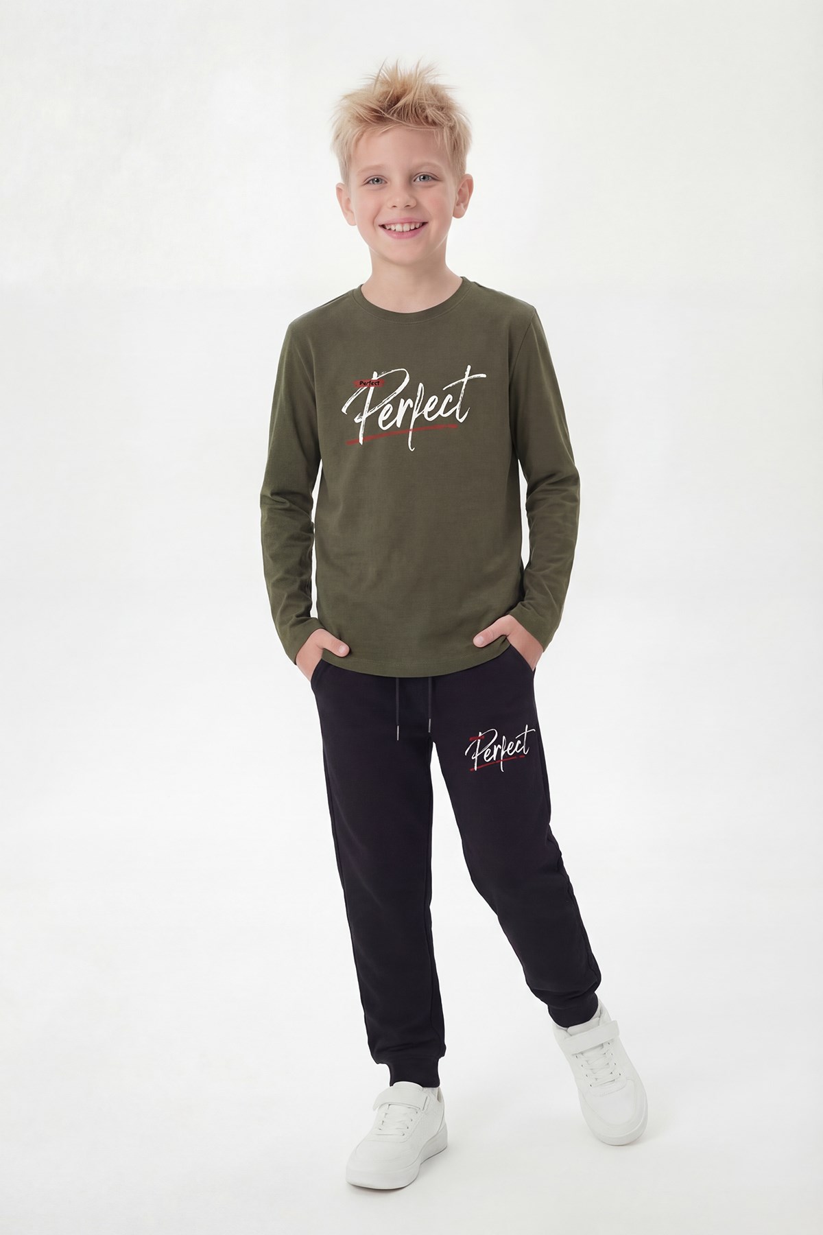 Yuvarlak Yaka Sweatshirt Paça Lastikli Eşofman Alt Baskılı Uzun Kollu Erkek Çocuk Alt Üst Takım