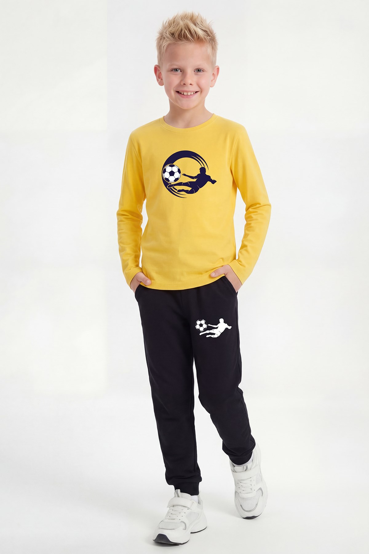 Yuvarlak Yaka Sweatshirt Paça Lastikli Eşofman Alt Baskılı Uzun Kollu Erkek Çocuk Alt Üst Takım