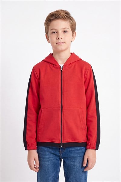 Erkek Çocuk Şerit Detaylı Fermuarlı Kapüşonlu Sweatshirt
