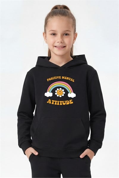Kanguru Cepli Kapüşonlu Baskı Detaylı Kız Çocuk Sweatshirt