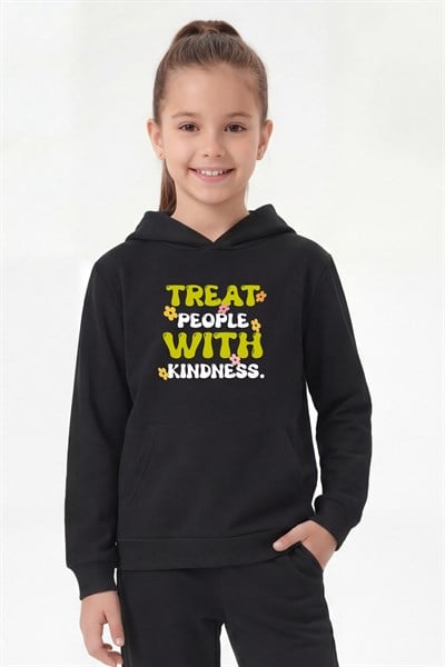 Kanguru Cepli Kapüşonlu Baskı Detaylı Kız Çocuk Sweatshirt