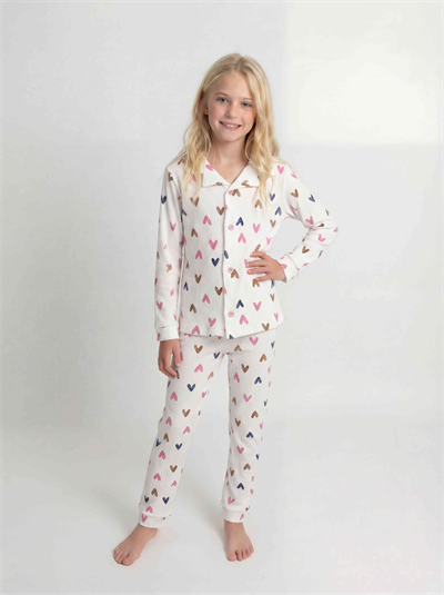Renkli Kalp Desenli Kız Çocuk Pijama Takımı