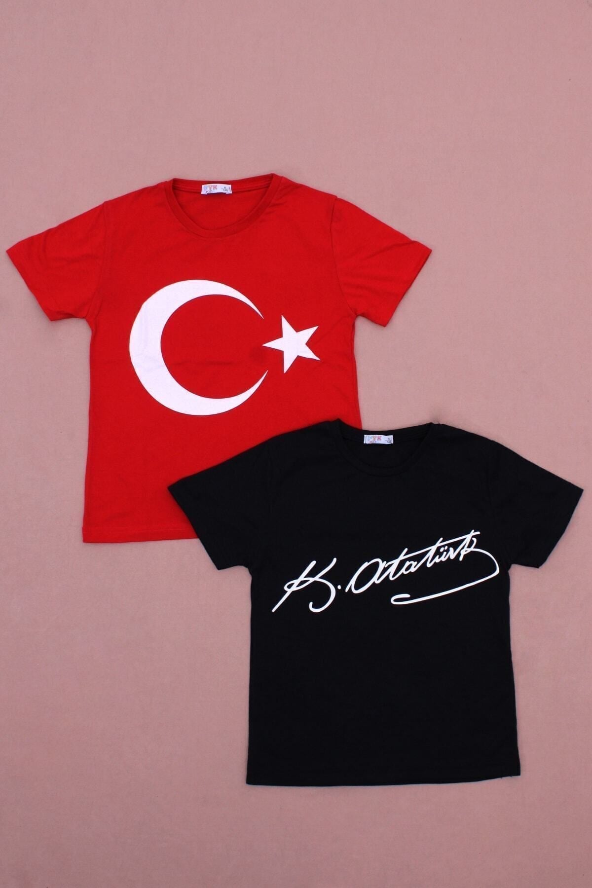 2'li Atatürk-imza Farklı Desenli Erkek-kız Çocuk T-shirt