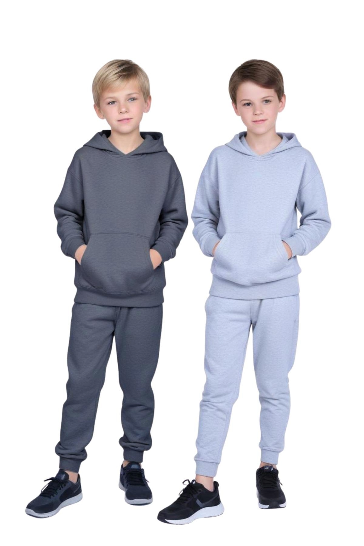 2'Lİ KANGURU CEPLİ KAPÜŞONLU DÜZ BASKISIZ ERKEK ÇOCUK EŞOFMAN TAKIMI