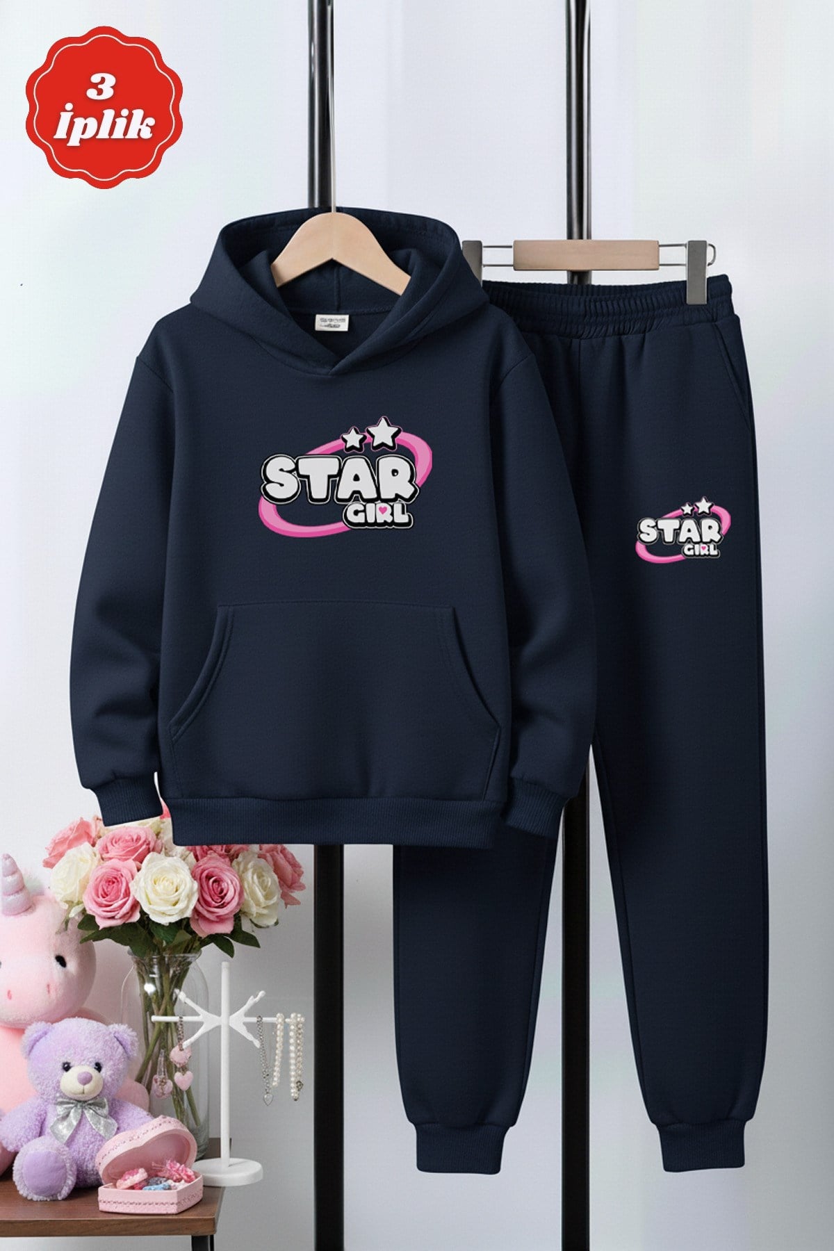 3 İplik Kapüşonlu Şardonlu Kışlık Girl Star Baskı Detaylı Kanguru Cepli Kız Çocuk Eşofman Takımı