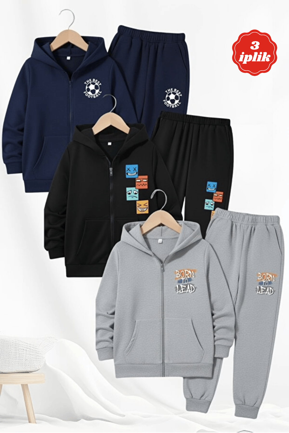 3 İplik Kalın Kışlık Baskı Detaylı Fermuarlı Kapüşonlu 3'lü Erkek Çocuk Eşofman Takımı