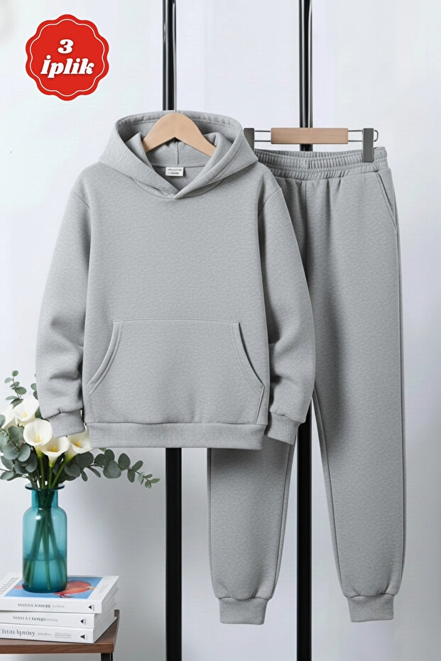 3 iplik Kalın Kışlık Kanguru Cepli Kapüşonlu Erkek Çocuk Eşofman Takımı
