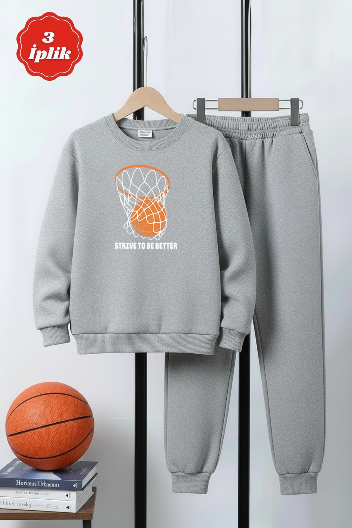 3 İPLİK KALIN YUVARLAK YAKA BASKETBOL POTASI BASKI DETAYLI KIŞLIK ERKEK ÇOCUK EŞOFMAN TAKIMI