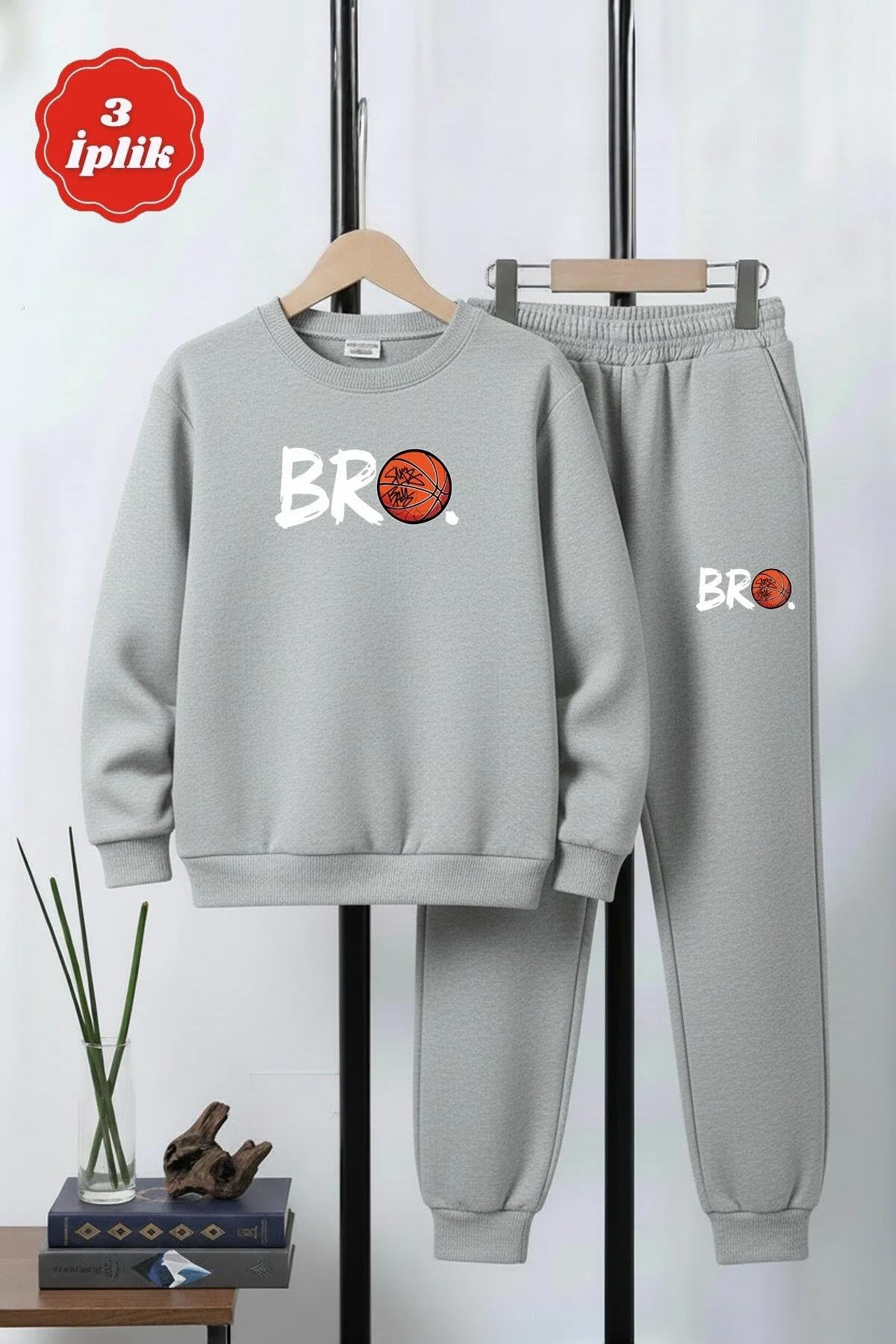 3 İPLİK KALIN YUVARLAK YAKA BRO BASKETBOL BASKI DETAYLI KIŞLIK ERKEK ÇOCUK EŞOFMAN TAKIMI
