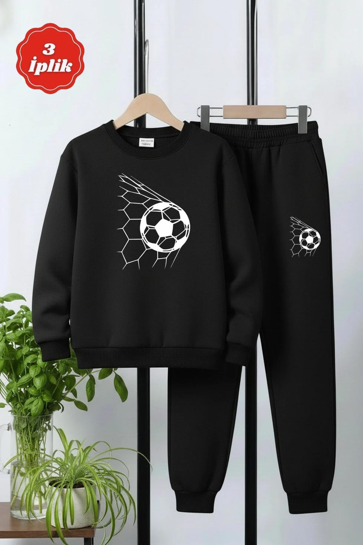 3 İPLİK KALIN YUVARLAK YAKA FUTBOL FİLESİ BASKI DETAYLI KIŞLIK ERKEK ÇOCUK EŞOFMAN TAKIMI