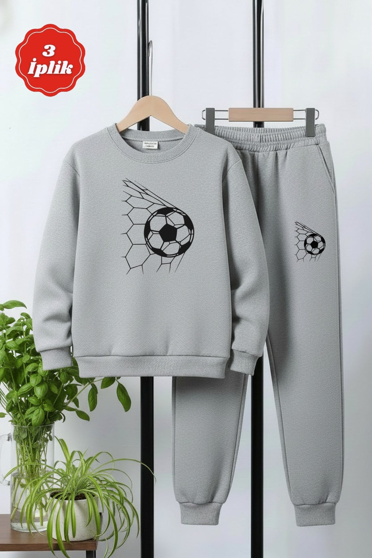 3 İPLİK KALIN YUVARLAK YAKA FUTBOL FİLESİ BASKI DETAYLI KIŞLIK ERKEK ÇOCUK EŞOFMAN TAKIMI